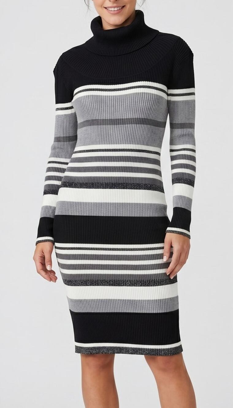 Connected Apparel Medium Turtleneck Sweater Dress Black Gray Stripe Metallic